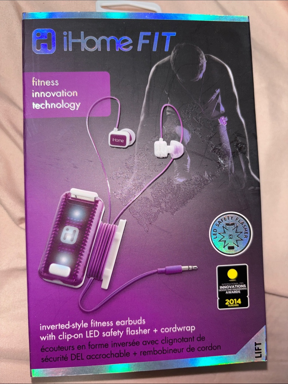 iHome FIT Purple Earbuds with LED Safety Flasher and Cordwrap